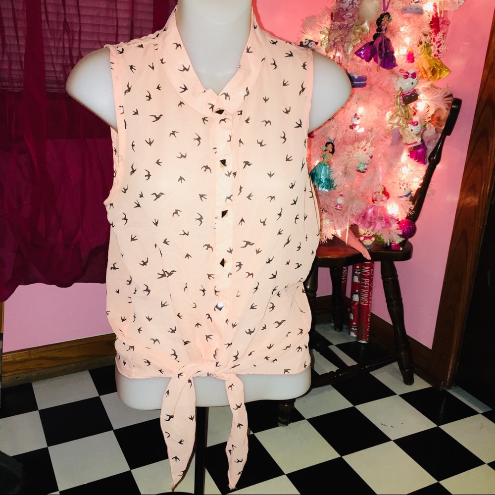 LIKE NEW EUC Y2K Coral Pink Sheer Bird Tie Top MEDIUM